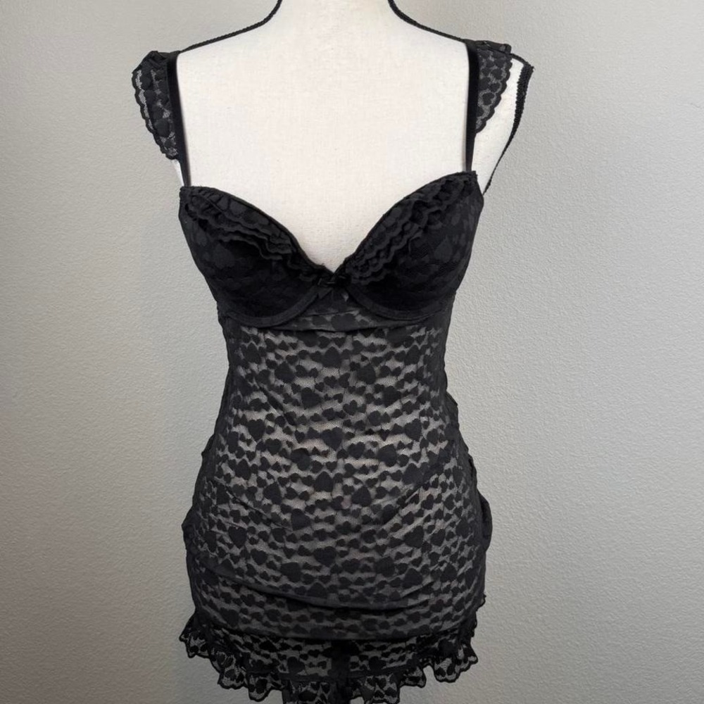 Victoria's Secret "The Lacie" Black Sheer Heart Print Babydoll Size: Medium